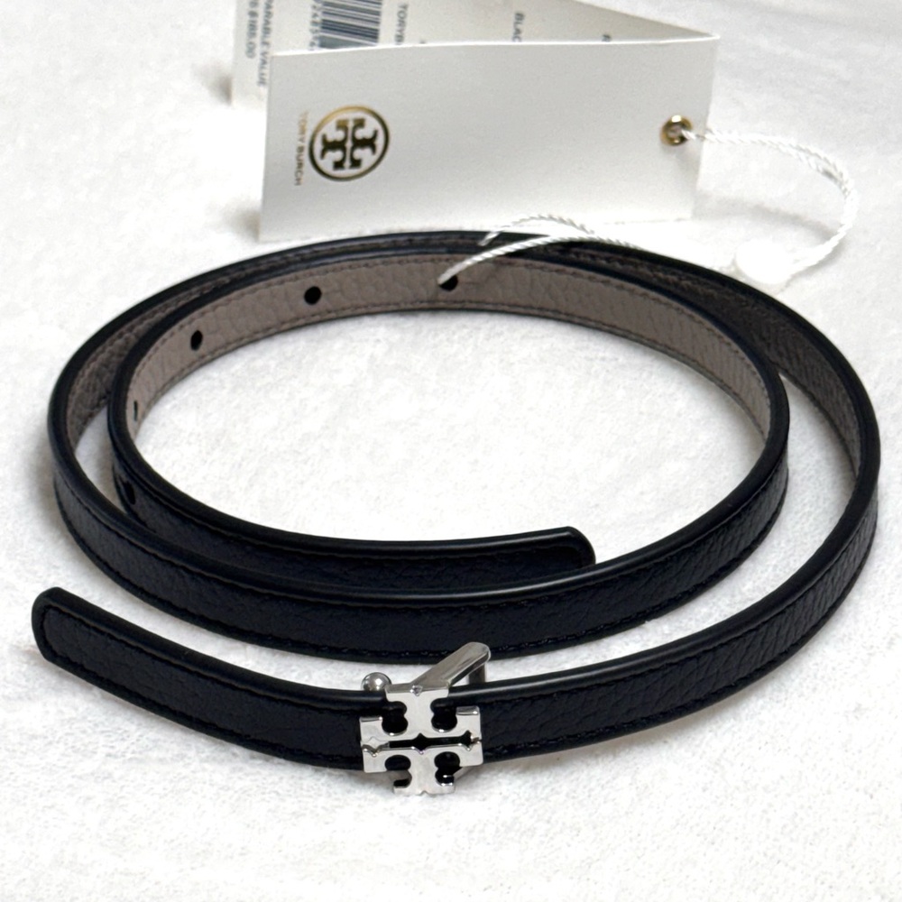 Tory Burch Black Leather Belt with Silver Buckle. New !